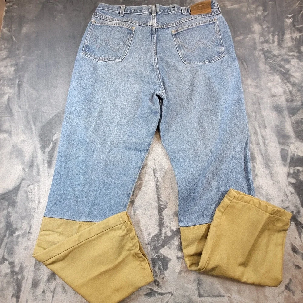 Vintage Wrangler Upland Brush Pants Mens 38x34 Blue Denim Tan Hunting Jeans